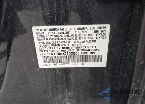 2009 Honda Pilot Ex z USA, uszkodzony, nr VIN 5FNYF484X9B008900